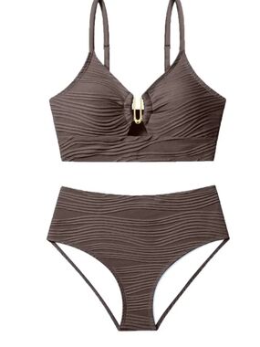 Women’s High-Waist Textured Bikini Set - Brown